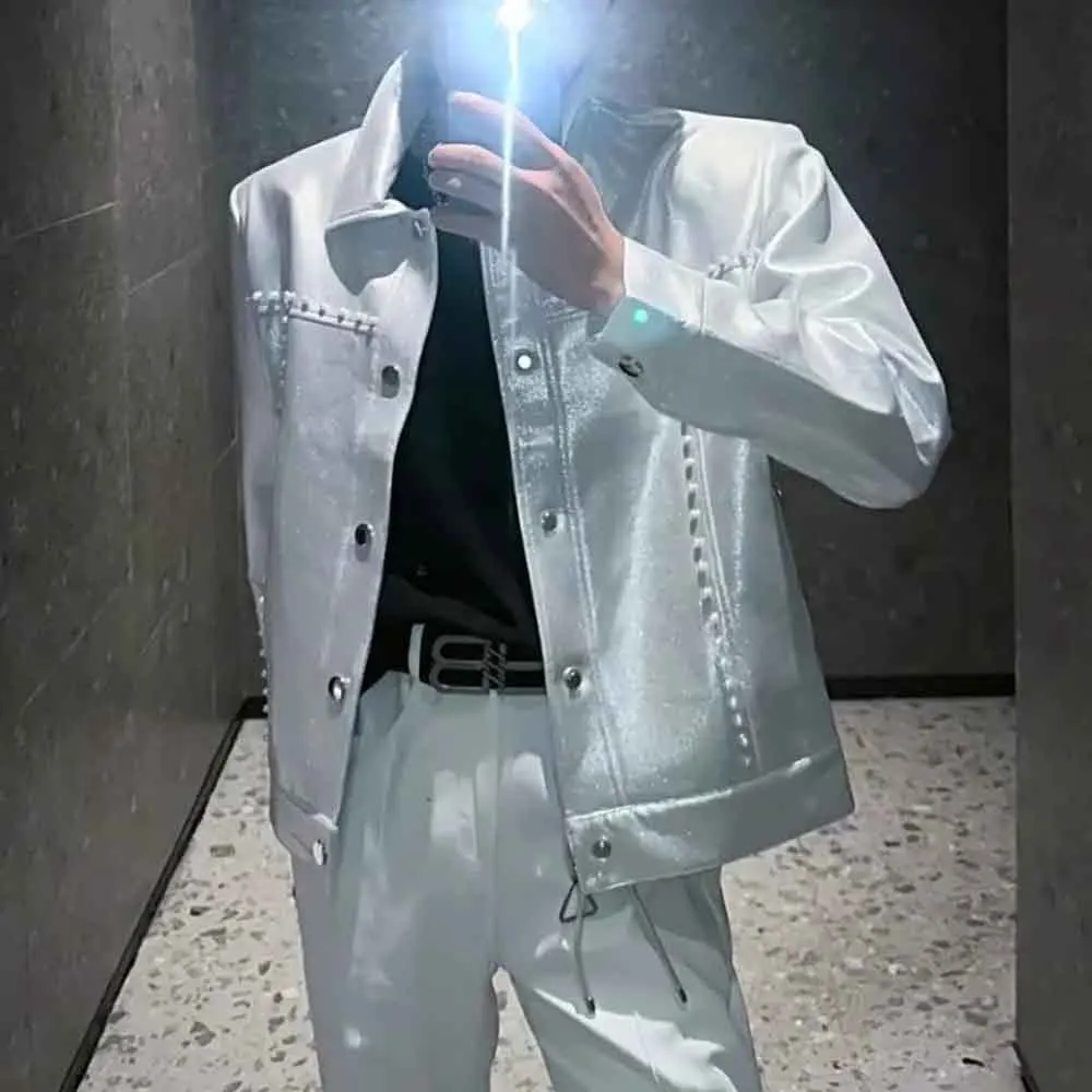 

Мужская осенняя куртка с жидким глянцевым жемчугом, куртка с подплечниками, уличная одежда, модный топ для ночного клуба, сценического выступления, новинка 2023 года