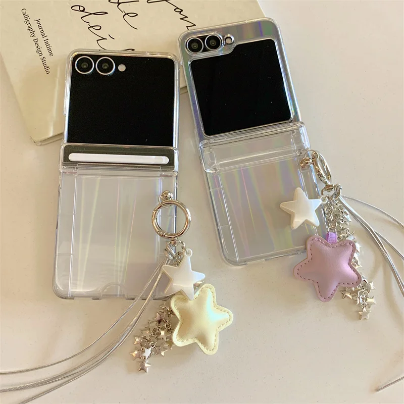 

Прозрачный лазерный бумажный шарнирный чехол для телефона Samsung Galaxy Z Flip 7 6 5 Flip6 Flip7, чехол с слотом для карт, милый жесткий чехол с подвеской в виде звезды