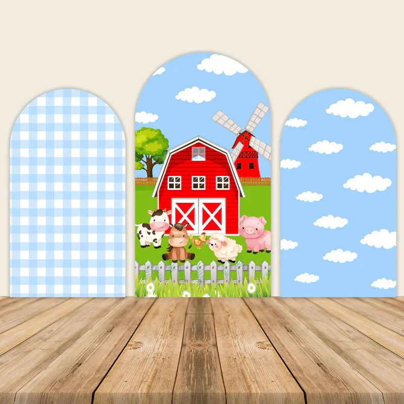 

LS Custom 2-Sided Farm Barn Blue Sky Clouds Pattern Kids Birthday Bay Shower Covers Chiara Arch Background Decor Backdrop Photo