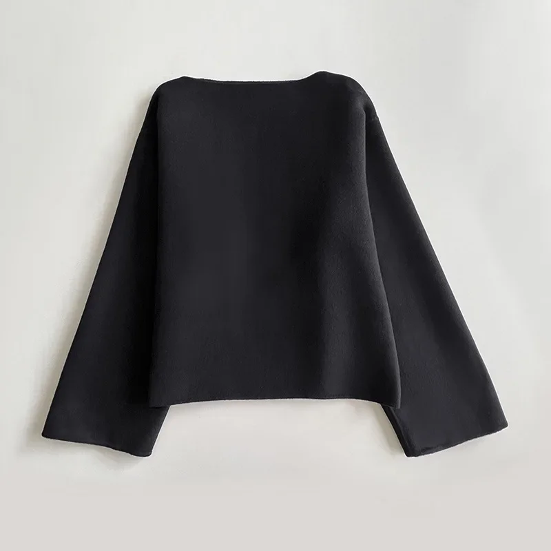 Nordic Niche Double-faced Wool One-shoulder Collar Wide Sleeve Straight Wool Fashionable Long-sleeved Thick Top