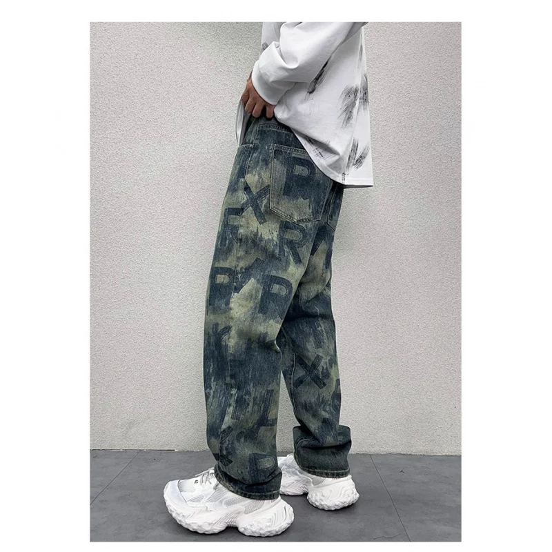 Y2K Retro2024 Jeans Men\'s American Style High Street Loose Straight Wide Leg Street Fashion Tie-Dye Printed Denim Cloth Trousers