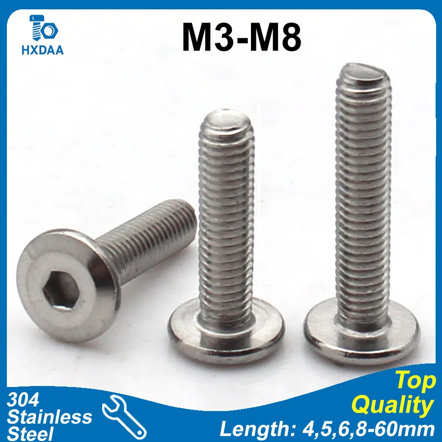 5-30pcs M3 M4 M5 M6 M8 304 Stainless Steel Hex Socket Large Flat Head Chamfered Edge Screws Beveled Edge Furniture Bolts