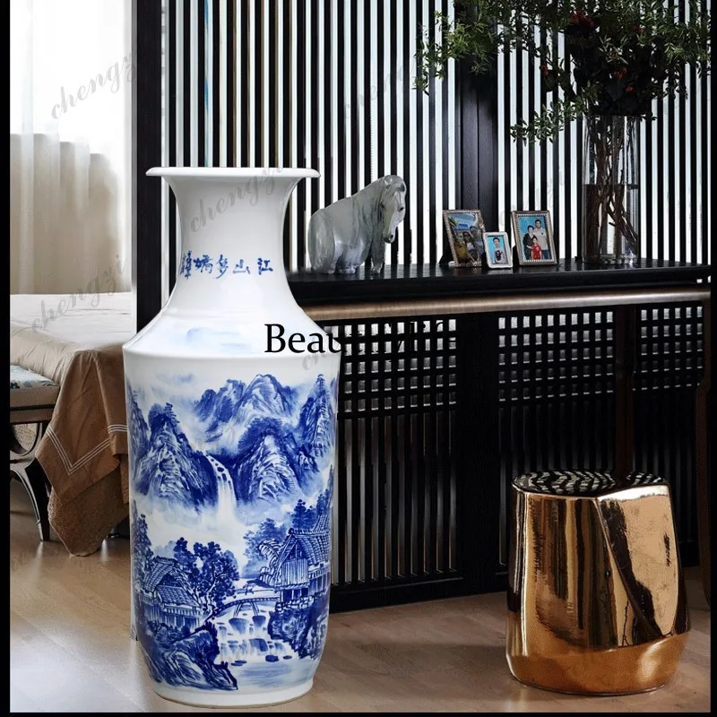 Ceramics hand-painted JiangshanDuojiao 90cm floor-to-ceiling vase home furnishing living room ornament study entrance decoration