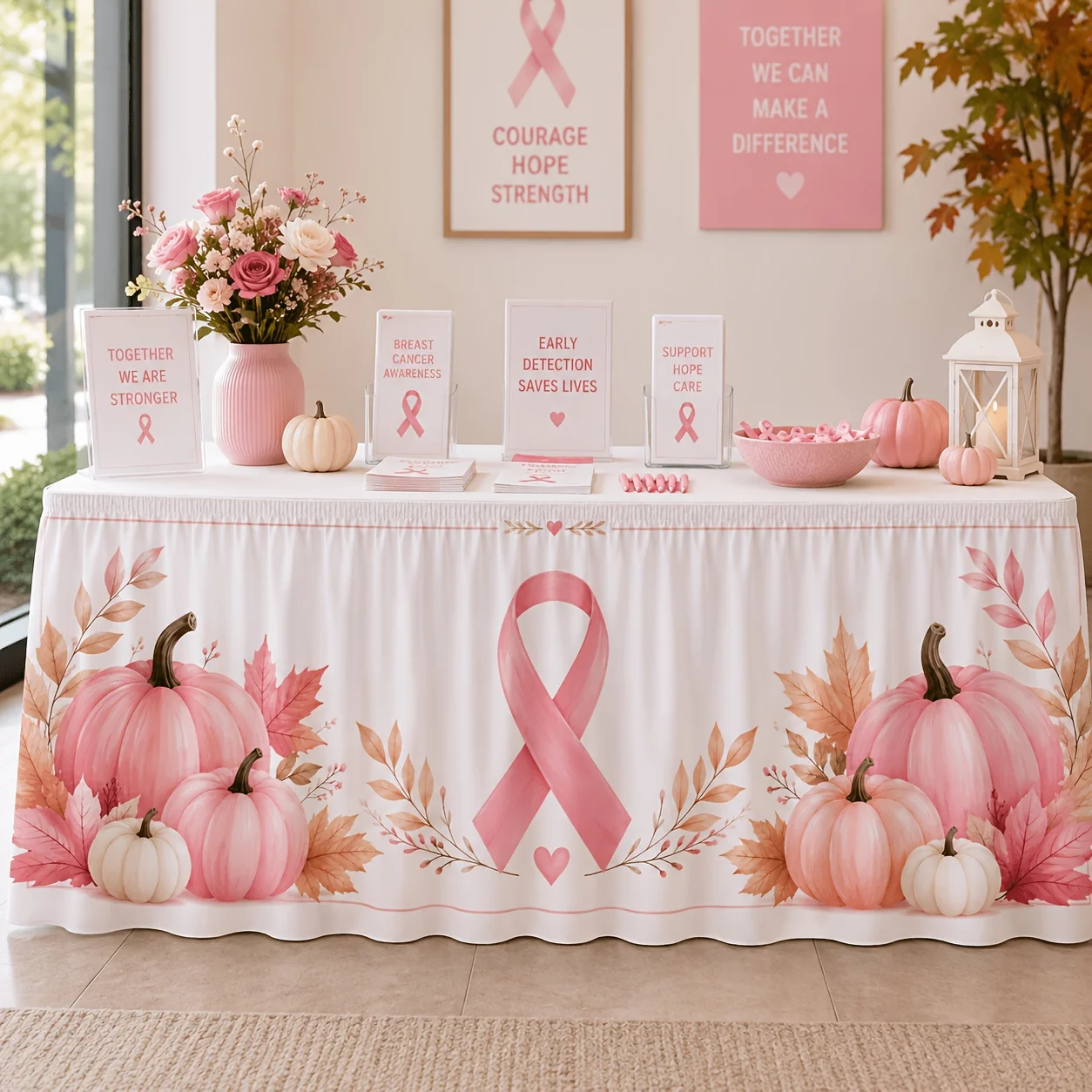1 table flag table skirt, breast cancer awareness promotion, autumn table skirt, pink and white pumpkin maple leaf love print