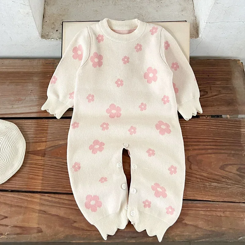 2024 New Autumn Toddler Baby Girl Knitted Romper Long Sleeved Print Infant Baby Girls Knitted Jumpsuit Children Knitted Clothes