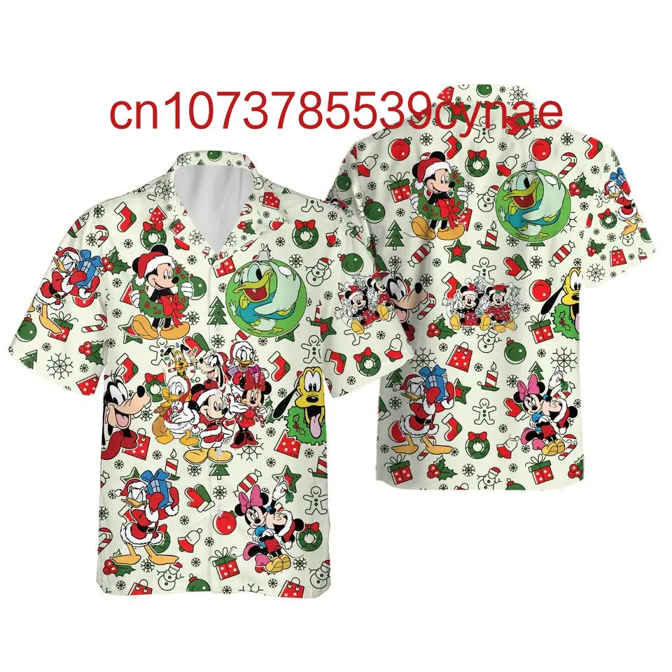 2024 New Mickey Christmas Hawaiian Shirt Casual Beach Shirt Men's Women Button Up Shirt Disney Fashion Beach Shirt