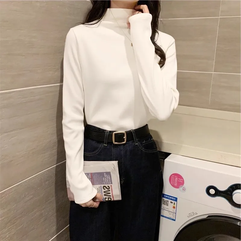 Camiseta Feminina de Manga Longa com Forro, Gola Alta, Versátil para Outono e Inverno, Branca e Elegante