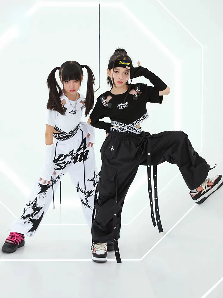 Jazz Dance Costume for Girls White Black Crop Tops Fashion Pants Hip-Hop Performance Clothes Teenagers Kids Street Dance Outfit