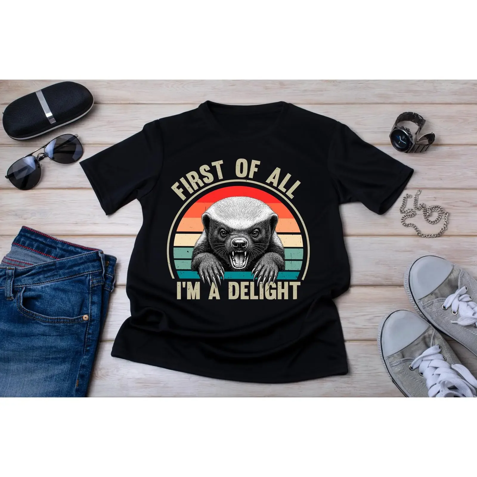 Vintage Honey Badger T Shirt First of All I'm a Delight Quote vintage Washed designer clothes Stretched Breathable streetwear