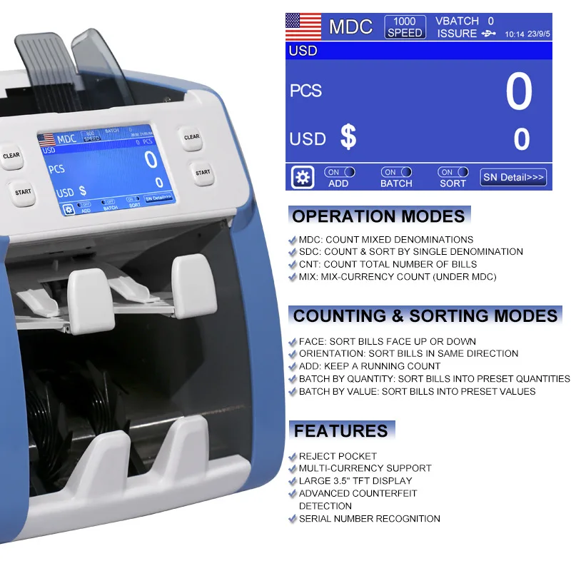 Full touch screen foreign currency banknote counter multi-country banknote detector USD EUR GBP RMB