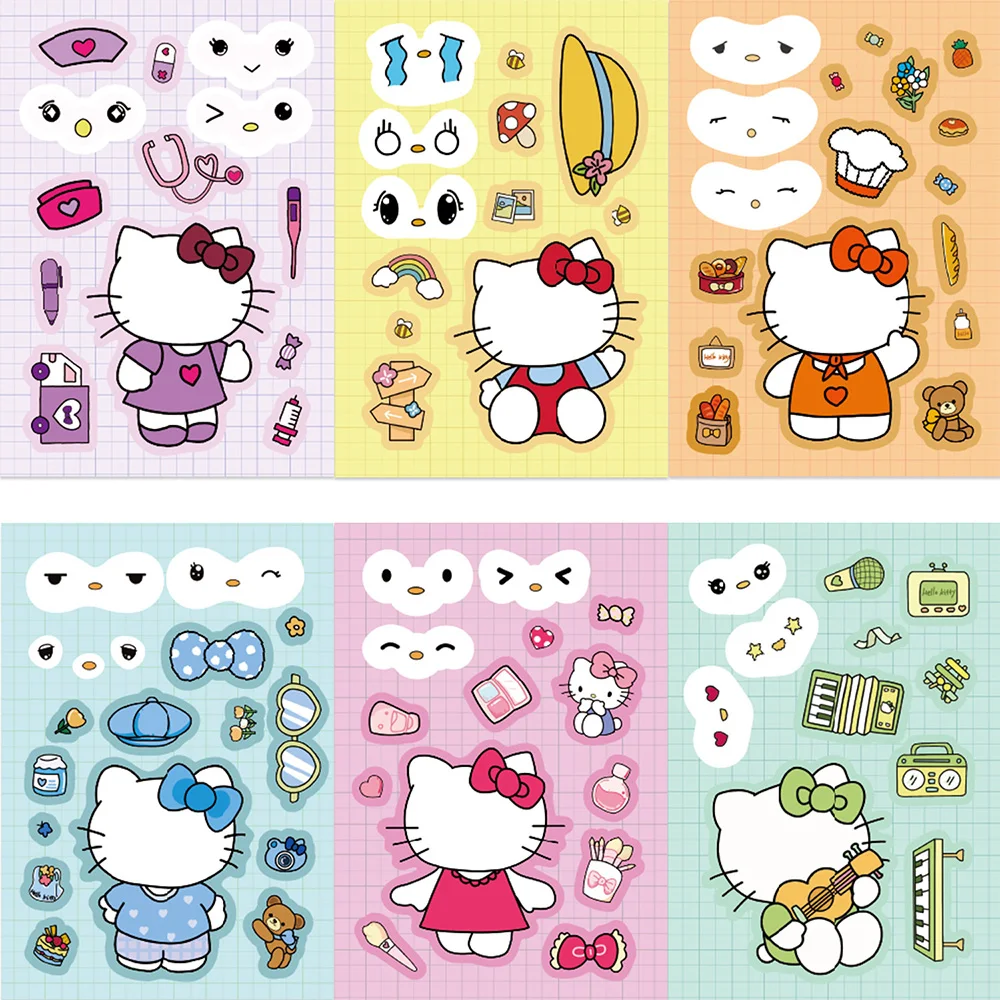 

8/16sheets Cute Sanrio Hello Kitty Cartoon Puzzle Stickers Make A Face Children Assemble Jigsaw Decals Toy Kids Party Decoration