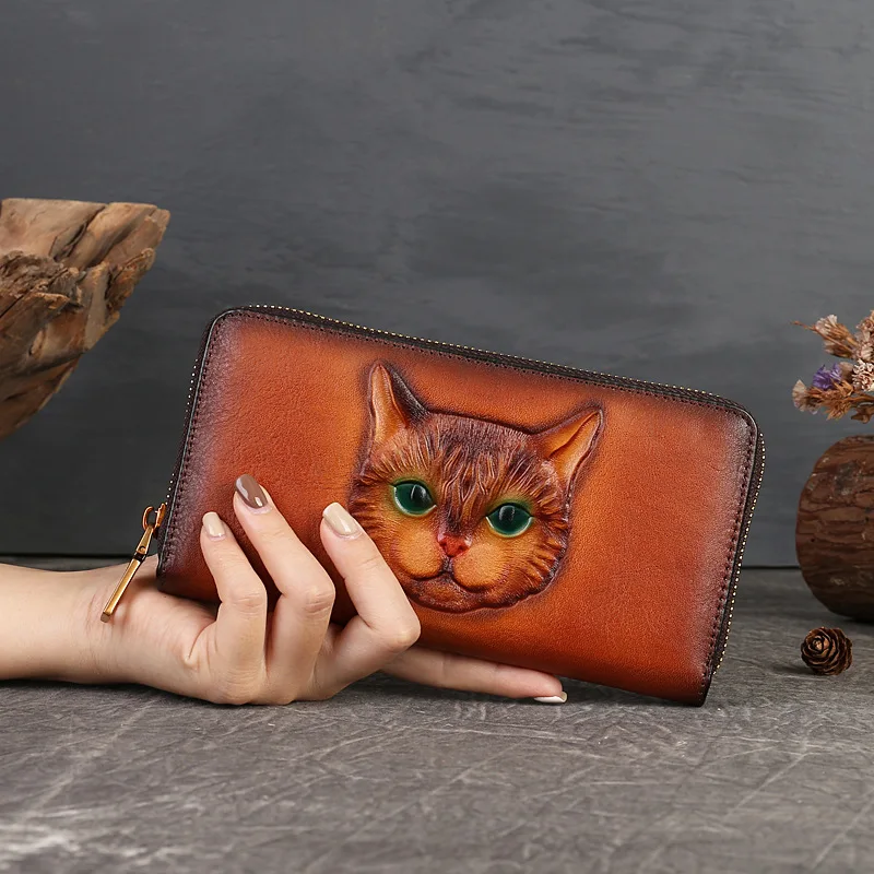 Leather long Wallet With Embossed Cat, ID/Credit Card Slotzipper bag, Vintage Women's Handbag,Fashionable Cowhide Wallet