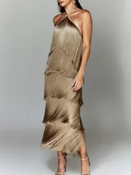 Loungewear Tassel Patchwork Ladies Dress, Women Summer Sleeveless Fashion Elegant Party Dress, Halter Solid Ladies Dress Vestido