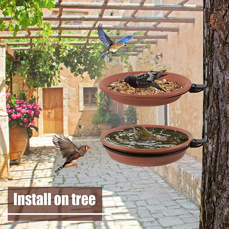 Mangeoire à oiseaux murale à 2 couches, bol d'escalade, spa de bain à oiseaux monté sur arbre, comprend 2 plateaux à oiseaux, anneaux en métal, vis attire les oiseaux