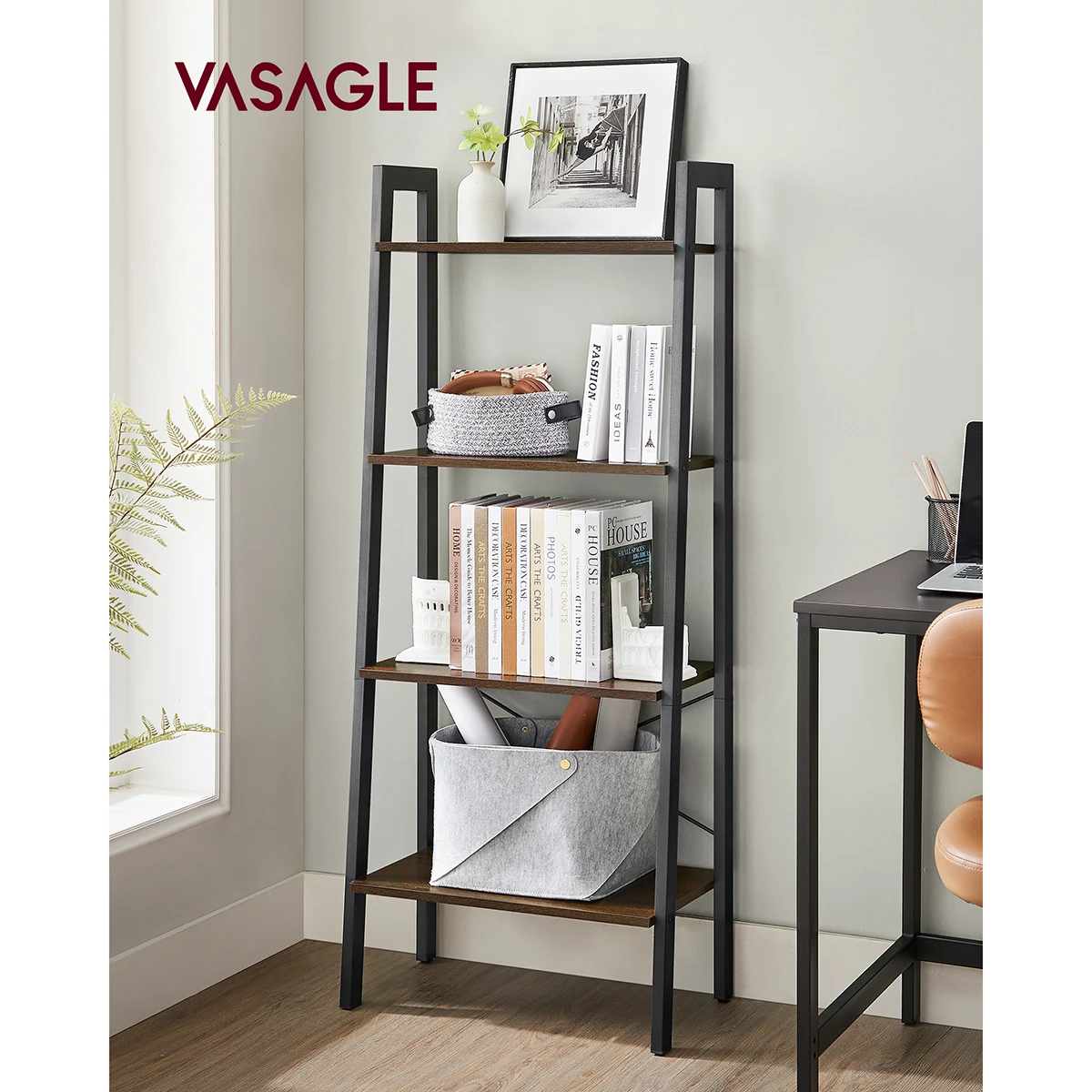 VASAGLE 5 Tier Narrow Ladder Shelf for Home Office, Living Room, Bedroom, Kitchen, Industrial