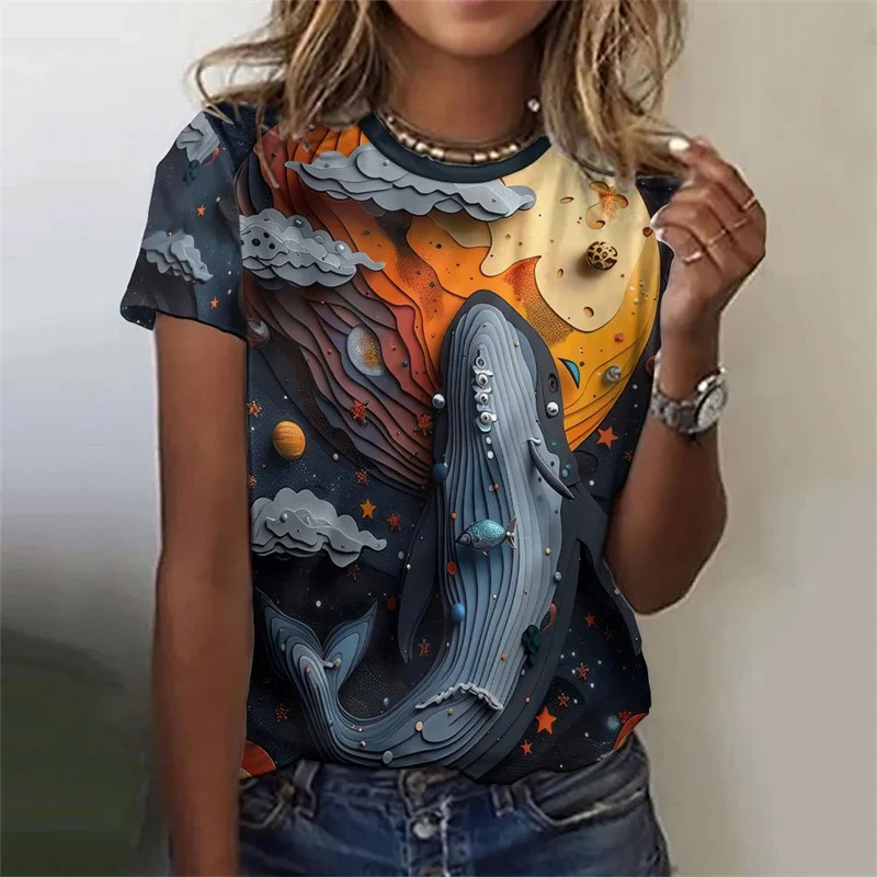 Colorful Planet Pattern T-Shirt For Women Astronaut Rocket 3D Print T Shirts Summer Fashion Street Tees Short Sleeves O-Neck Top