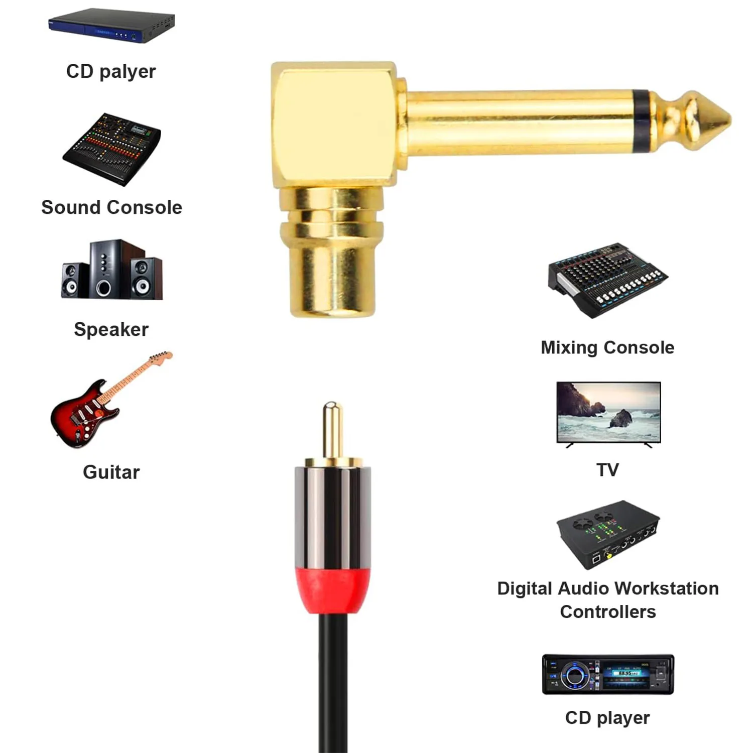 1 szt. Złota miedź RCA Phono żeńskie do 6,35 mm 1/4 "męskie Mono kątowe prawdziwe słuchawki audio gitara złącze adaptera mikrofonu — zdjęcie produktu 4