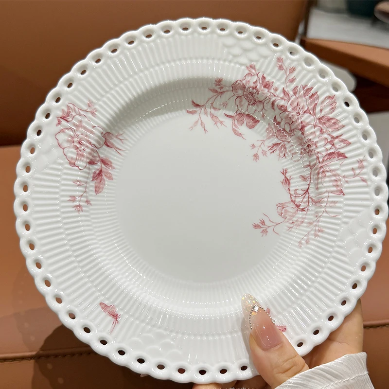 Red Flower Relief Ceramic Plate New Household 8 Inch Hollow Out High Aesthetic Flat Plates Light Luxury Beef Steak Pasta Plate