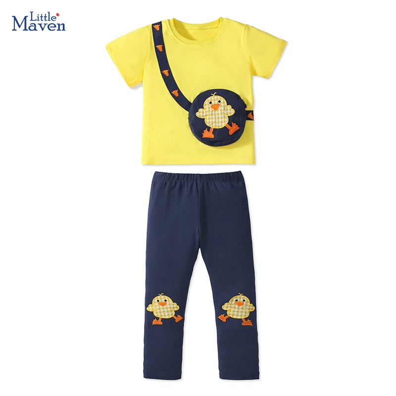 Little maven 2024 New Tracksuit Summer Cotton Baby Girls Children's Clothing Sets Cartoon chick T Shirts Tops+Pants Kids Clothes