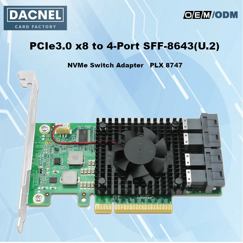 

PCIe3.0 x8 to 4-Port U.2(SFF-8643) NVMe SSD Switch Adapter Card PLX8747