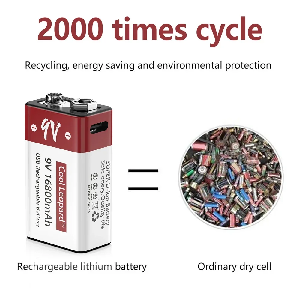 NEW High Capacity 9V Lithiumion Rechargeable Battery Type-C USB Battery 9Volt Multimeter Lithium Microphone Metal Detector+Cable