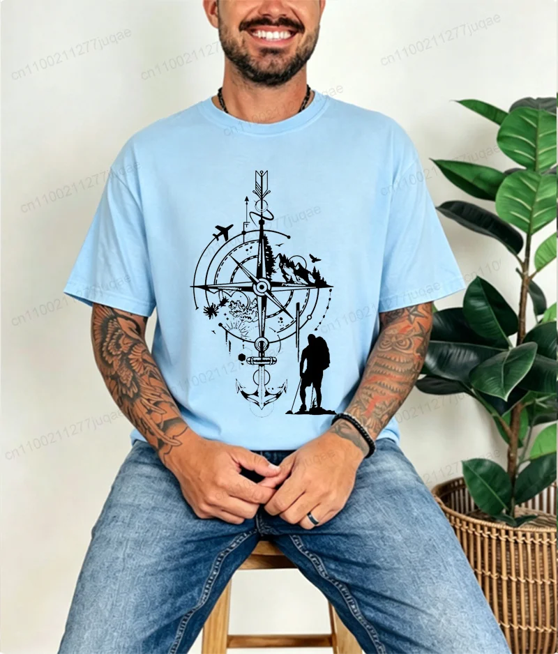 T-shirt for Men Compass Travel Funny T Shirt Men Tops Casual Clothing Oversize Vintage Clothes Fashion Trend Tshirt Short Sleeve