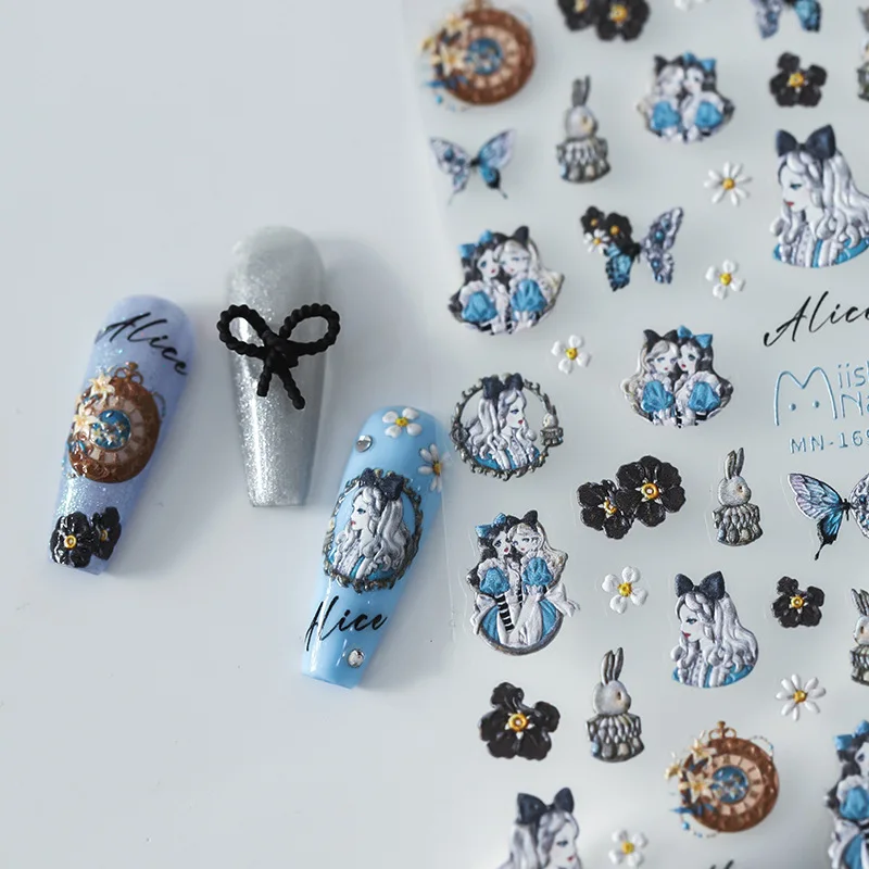 1 Vel 5d Realistische Reliëf Blauw Zwart Wonderdroom Vlinder Bloemen Prinses Zelfklevende Nail Art Stickers Stickers Manicure Bedels