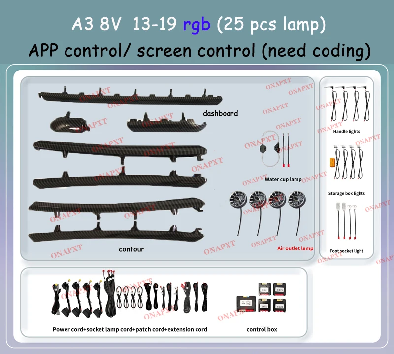 LHD RHD For Audi A3 RS3 S3 2013-2024 MMI APP Nozzle Air Vent Decorative LED Strip Lamp Door Dashboard Footwell Ambient Light