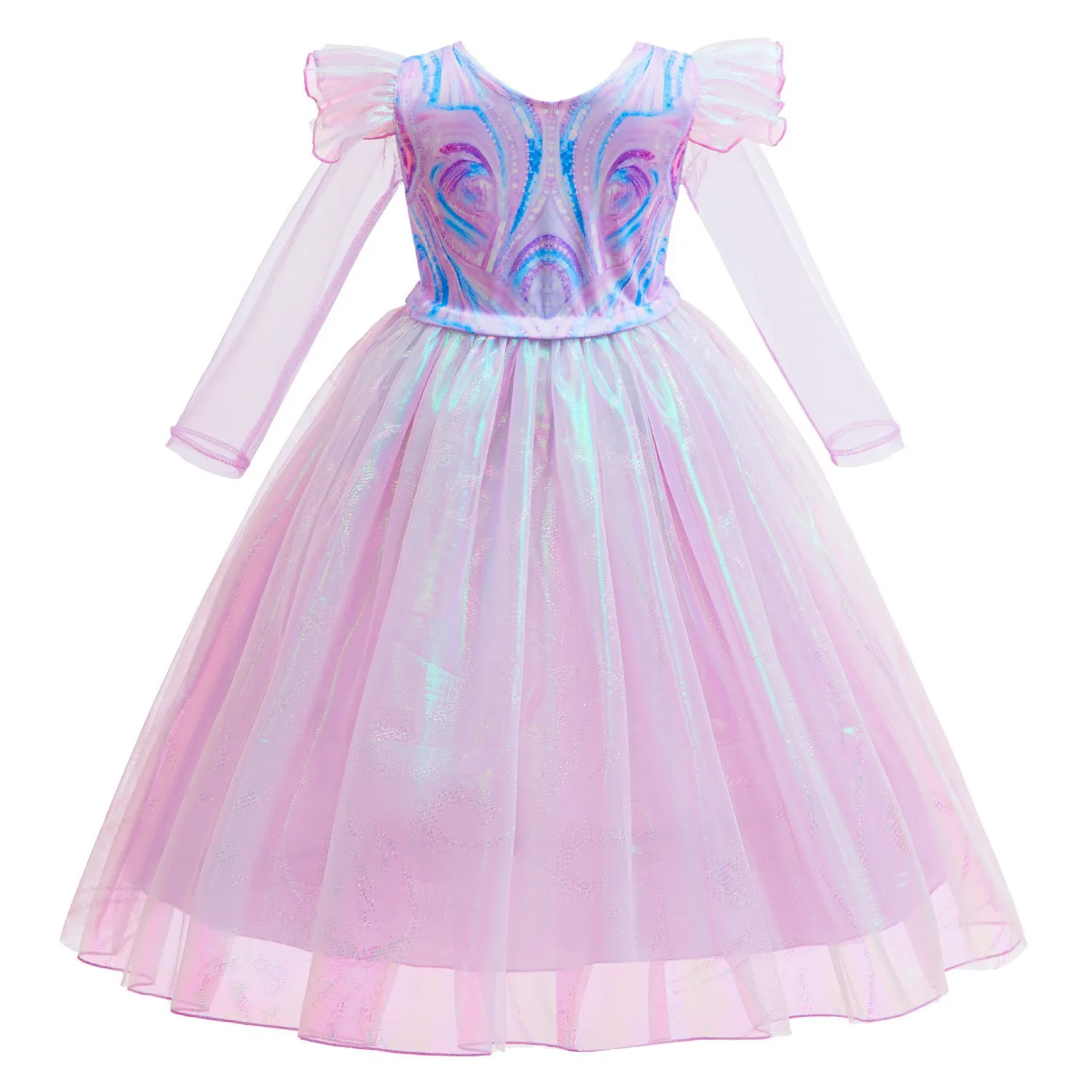Glänzendes Tüll-Prinzessinnenkleid für Mädchen, langes, transparentes Netzkleid mit Rüschenärmeln für Geburtstag, Halloween-Party, Cosplay – Detail 4