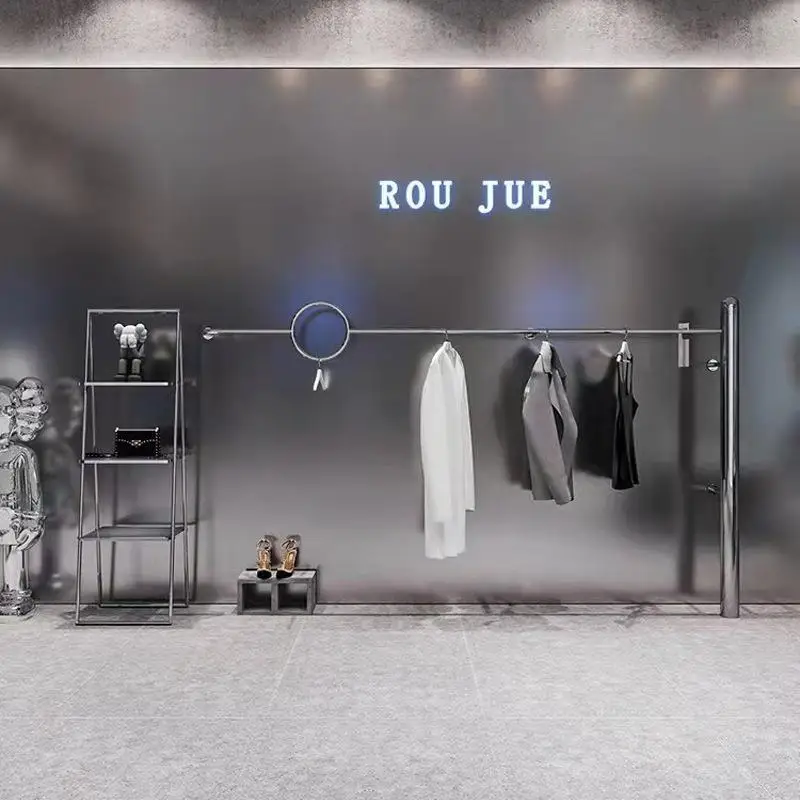 

Custom Stainless Steel Brushed Clothing Rack Display Rack Women's and Men's Clothing Floor Standing Wall-Mounted Clothes Han