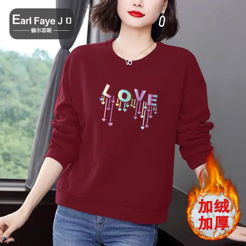 Felpa in pile da donna Autunno e inverno Girocollo a maniche lunghe Stampata Top versatile e confortevole per donna