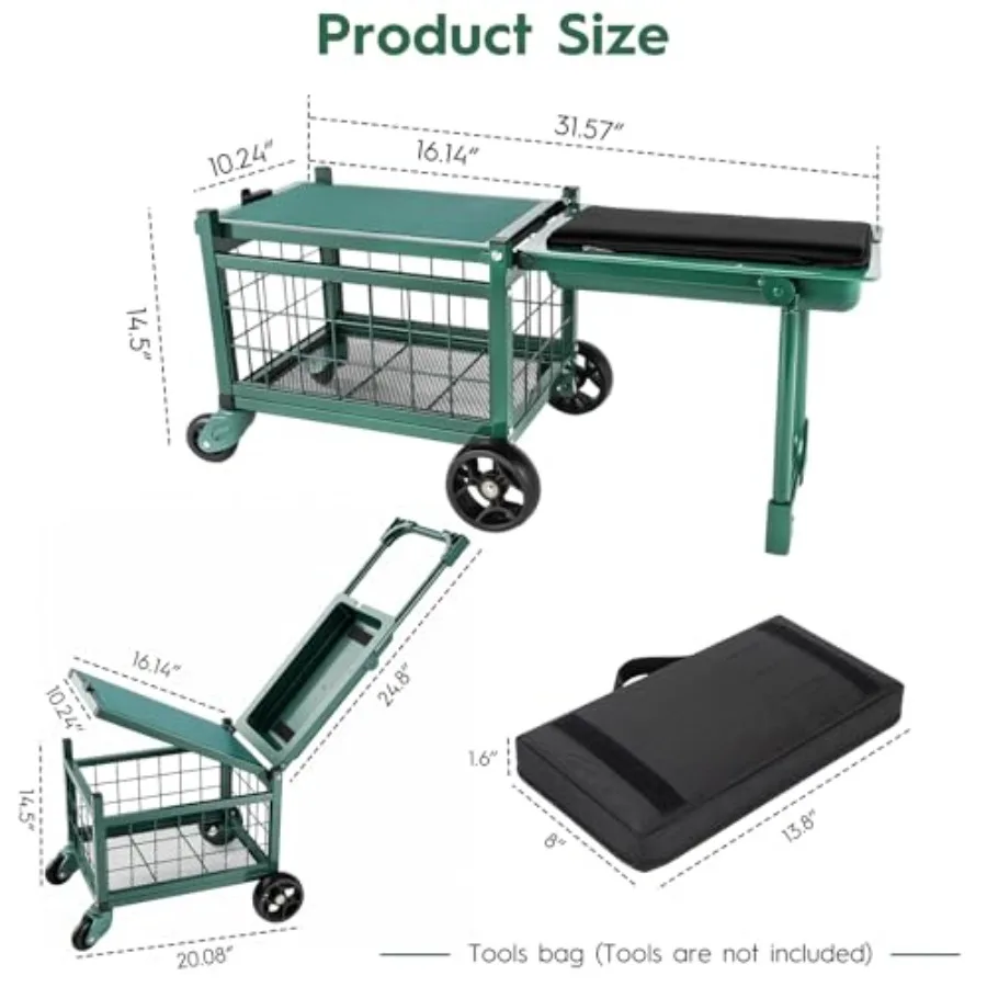 Rolling Garden Cart with Seat, Metal Garden Work Seat with 360° Swivel Wheels, Storage Basket, Workbench, and Tool Bag, Upgrade