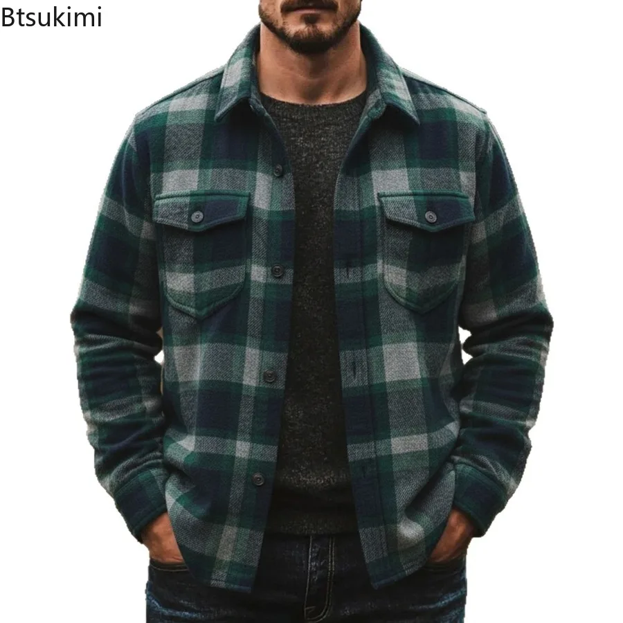 New Autumn Winter Men's Casual Plaid Shirts Button Up Long Sleeve Cardigans Double Pocket Shirt Jackets Lightweight Coats Male