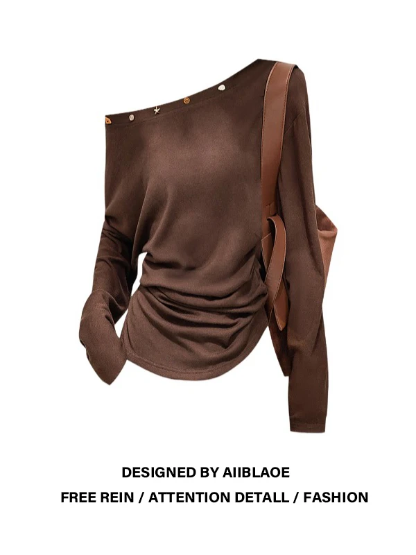 

Женская модная футболка больших размеров в американском ретро-стиле с открытыми плечами, свободного кроя, с длинным рукавом, для осени