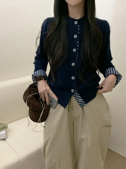 Kardigan damski w kratę lub dzianinowy sweter w stylu koreańskim, luźny krój, jesienno-zimowy, imitacja dwuczęściowego kompletu.