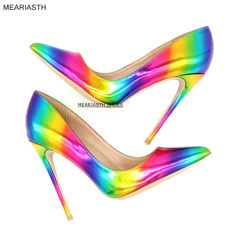 

meariasth Artsy Glossy Colorful Print Women Pointed Toe High Heels Ladies Slip On Stilettos Pumps Sexy Night Club Thin Heel Shoe