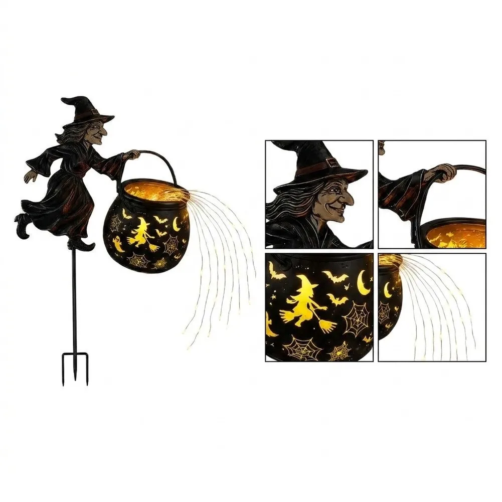 Halloween Witch Cauldron Garden Light with Flying Witch Figure and Cascading LED Light Effect for Outdoor Yard Decor