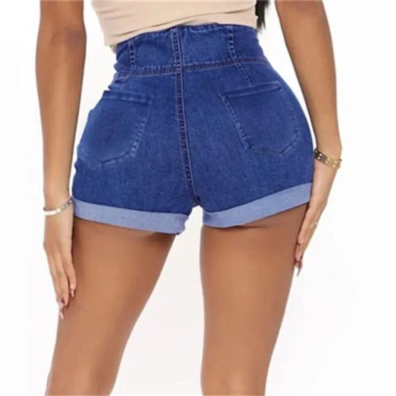 Summer Women Double Button Patchwork High Waist Straight Denim Shorts Washable Three Quarter Pants Female Back Pocket Mini Jeans