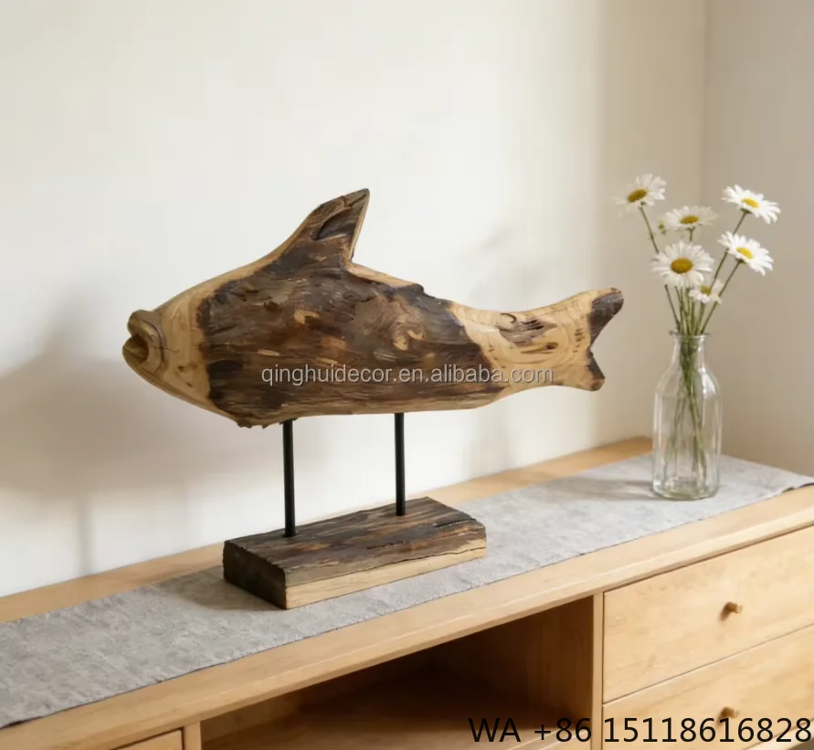 Factory Made Animal Sculpture Wooden Animal Figure Fish with Stand for Decoration Home and Hotel Driftwood