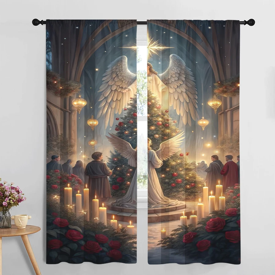 2PCS Digital Print Curtains, Church Angels Christmas Tree Candles Worshipers Night Scene, Sacred Religious Style - Christmas Hol