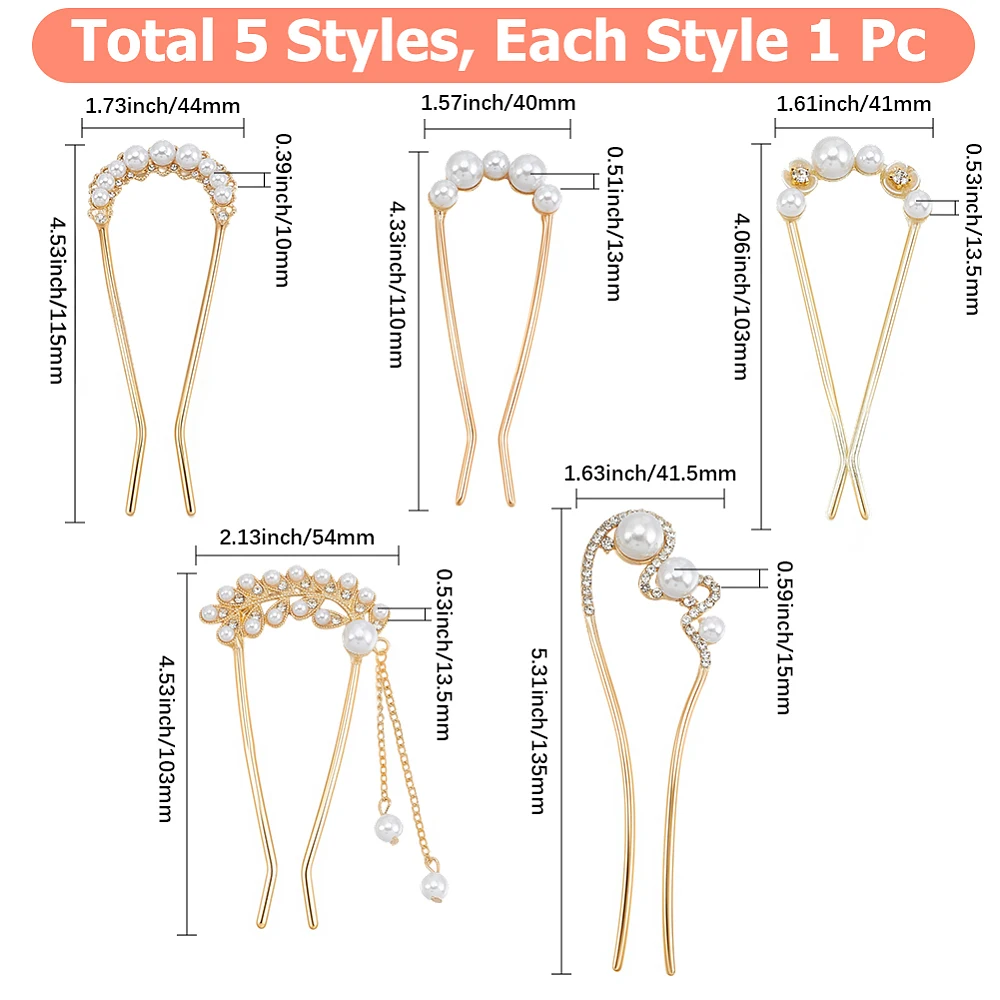 5Pcs 5 Styles French Twist Hair Pin Pearl Gold Metal Rhinestone U Shaped Pearls Hairpin Decorative Hair Stick Fork Accessories