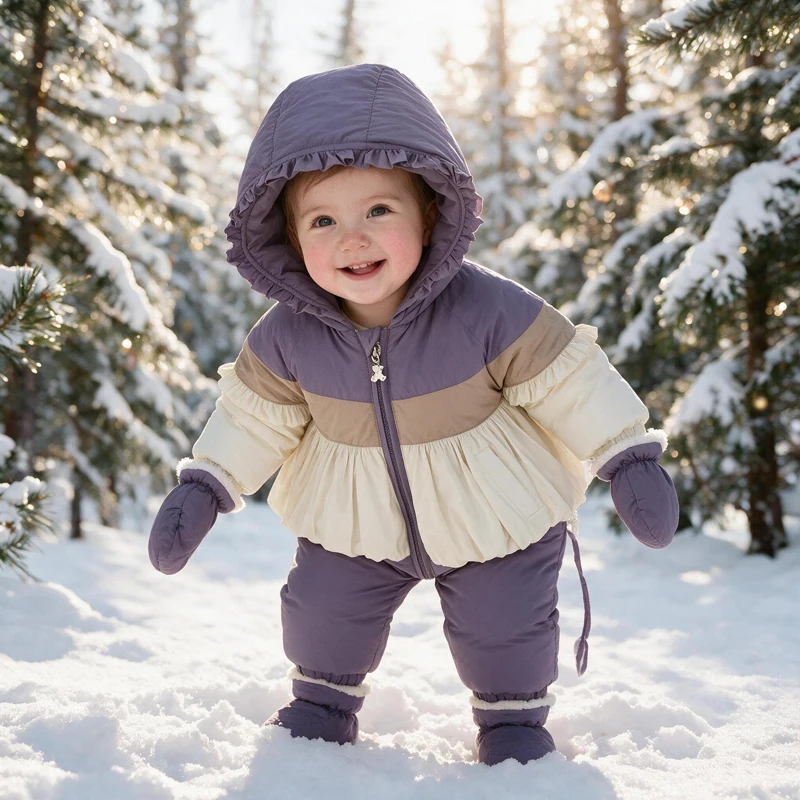 IYEAL Baby Ruffle Hooded Toddler  Winter Jumpsuit Infant Ski Suit with Gloves & Booties, Thick Warm Waterproof Baby Snow Outfit