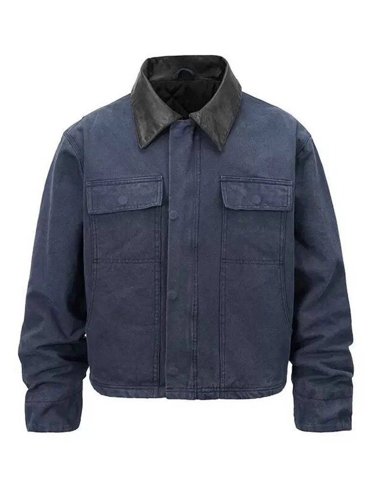 Daily Casual Patchwork Crop Coats Mens Fashionable Lapel Zip-up Outerwear Men 2026 Autumn Long Sleeve Washed Jackets