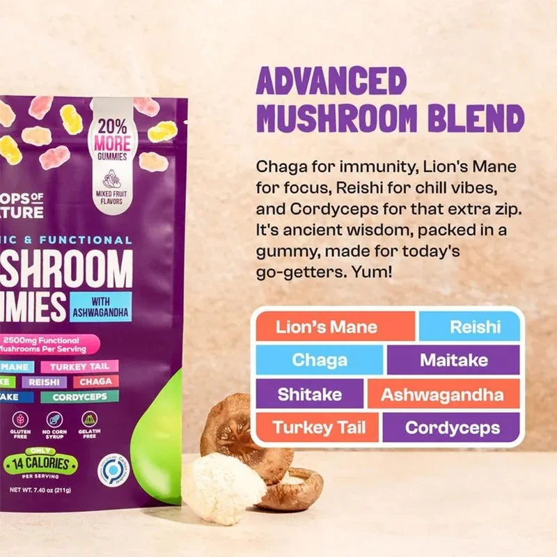 80 Count Organic Mushroom Gummies with Ashwagandha & Lions Mane Immune Support & defense, Brain Boost, Vegan view 6