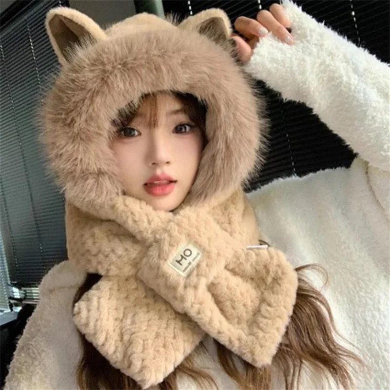 

Winter Windproof Integrated Cap Scarf Plush Thickening Ear Protection Cap Casual Soft Beanie Hat Scarf Women