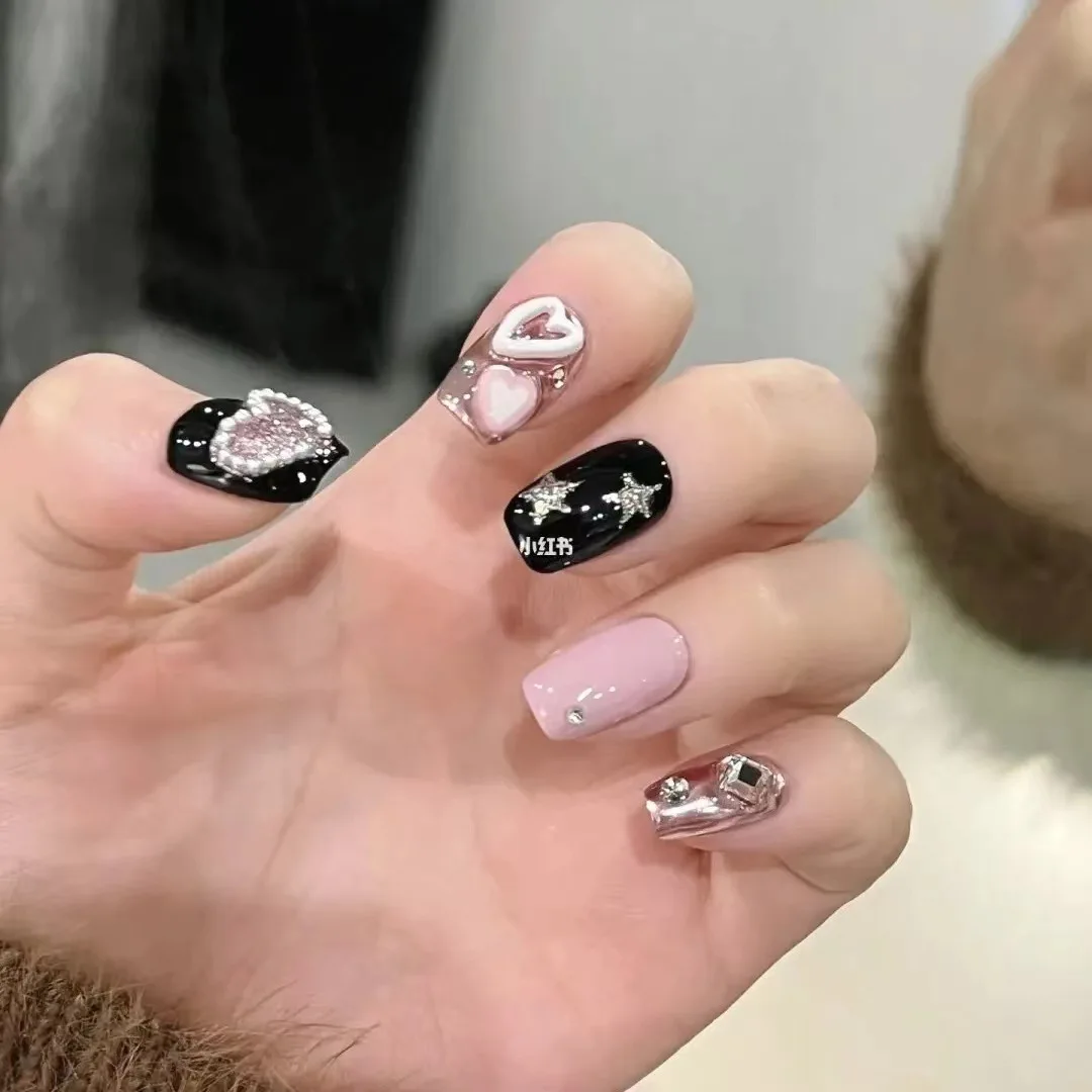 

10 шт. Y2K Press on Nails Стиль Hot Girl Розовый Синий Цветной блок Дизайн Сладкие и крутые накладные ногти Ручная работа Многоразовые Ежедневные глянцевые