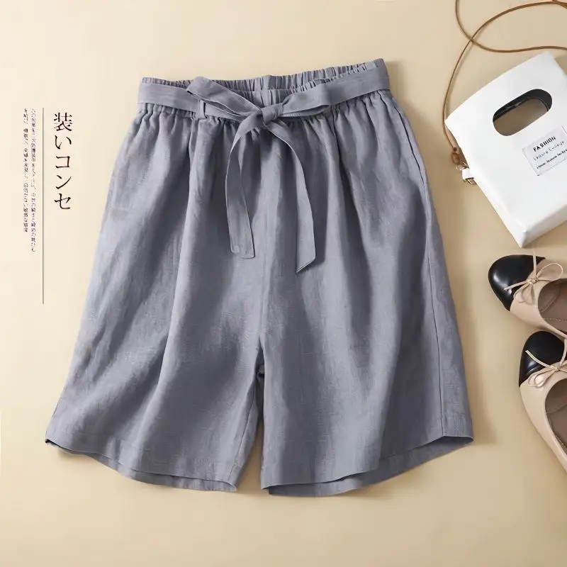 Women Bow-Tie Waistband Cotton-Linen Loose Wide Leg Linen Casual Five-Minute Pants
