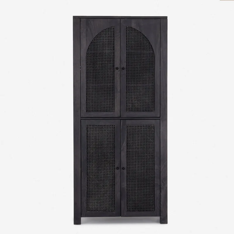 Nordic double door  wood bookcase retro black living room dining side cabinet locker wabi sandy wind bedroom rattan wardrobe