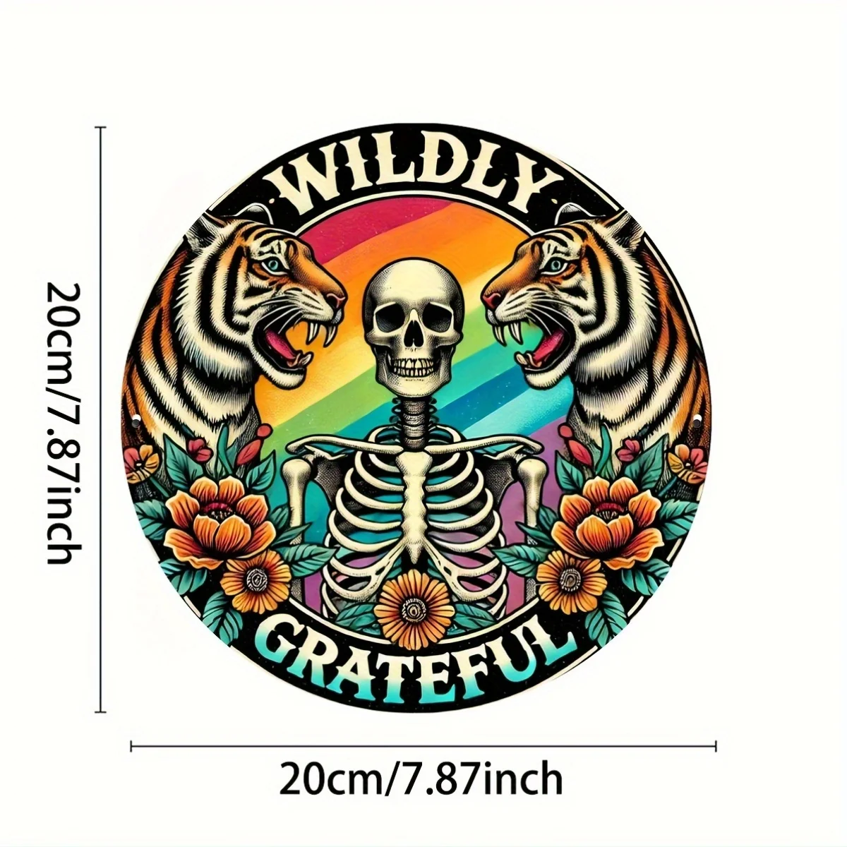 HD Tin Sign, Wildly Grateful Skeleton Tiger Round Metal Wall Art, Retro Boho Home Decor