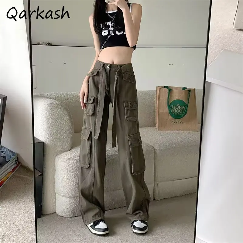 

Cargo Pants Women Solid Big Pockets Sashes Casual Loose All-match Drawstring Streetwear Cool American Style High Waist Summer